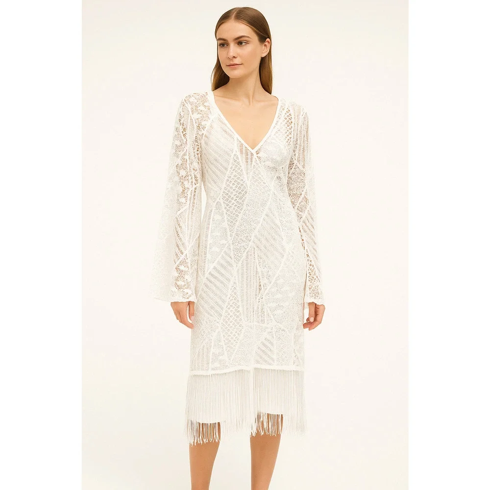 PILYQ PQ Women Swim Coverup Dress M/L Ivory Mini Crochet Whimsical Cottage Fairy - Picture 1 of 10